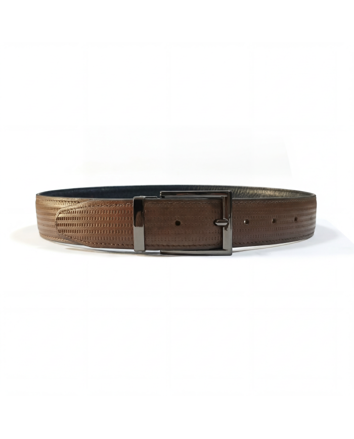 Ceinture cuir réversible : noir grainé et camel tabac perforé
