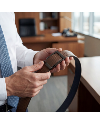 Ceinture cuir réversible : noir grainé et camel tabac perforé