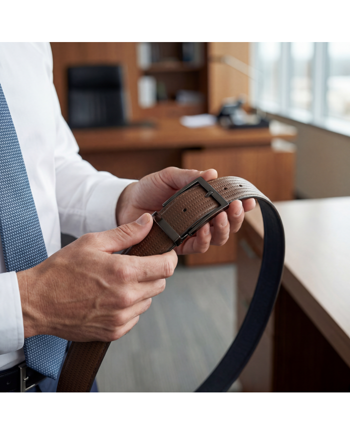 Ceinture cuir réversible : noir grainé et camel tabac perforé