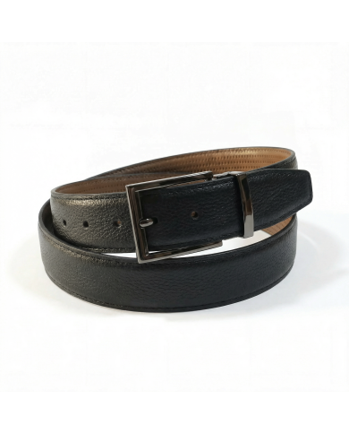 Ceinture cuir réversible : noir grainé et camel tabac perforé