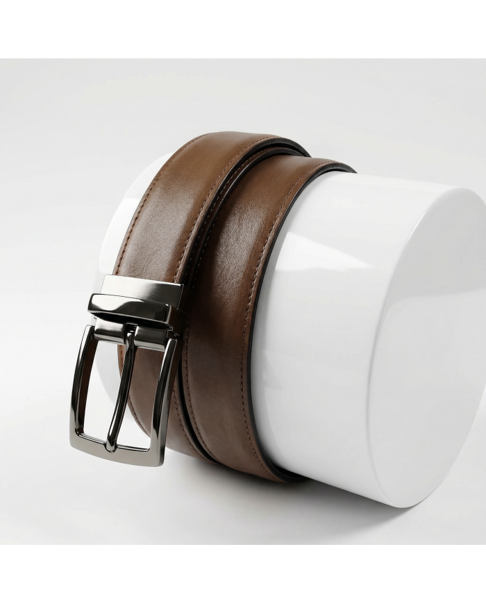 Ceinture cuir réversible : noir grainé et camel tabac perforé