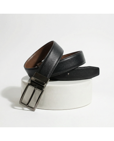 Ceinture cuir réversible : noir grainé et camel tabac perforé