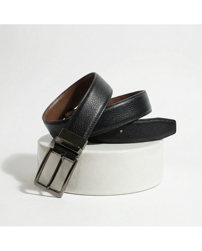 Ceinture cuir réversible : noir grainé et camel tabac perforé