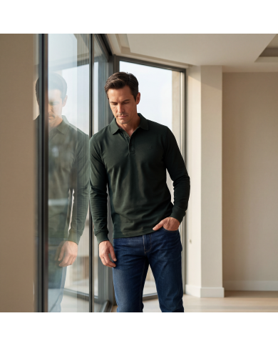 Cravate.tn | Polo manche longue en coton - Vert foncé
