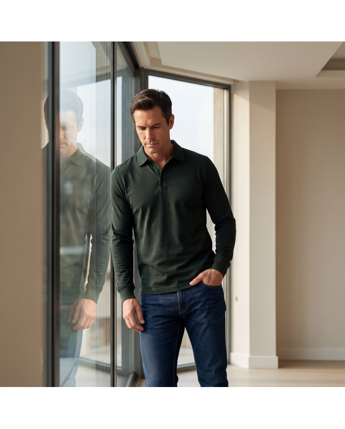 Cravate.tn | Polo manche longue en coton - Vert foncé