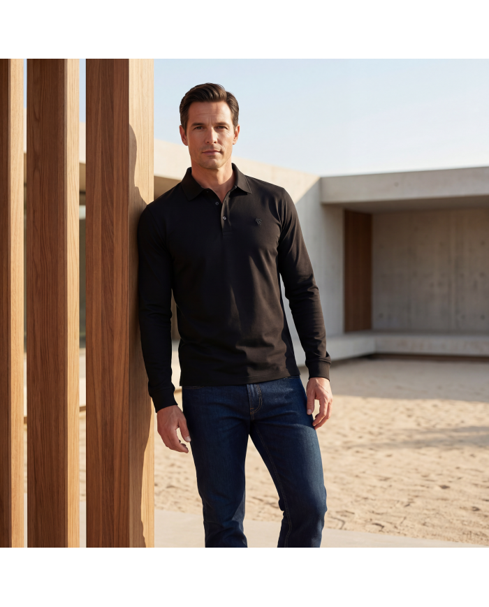 Cravate.tn | Polo manche longue en coton - Noir