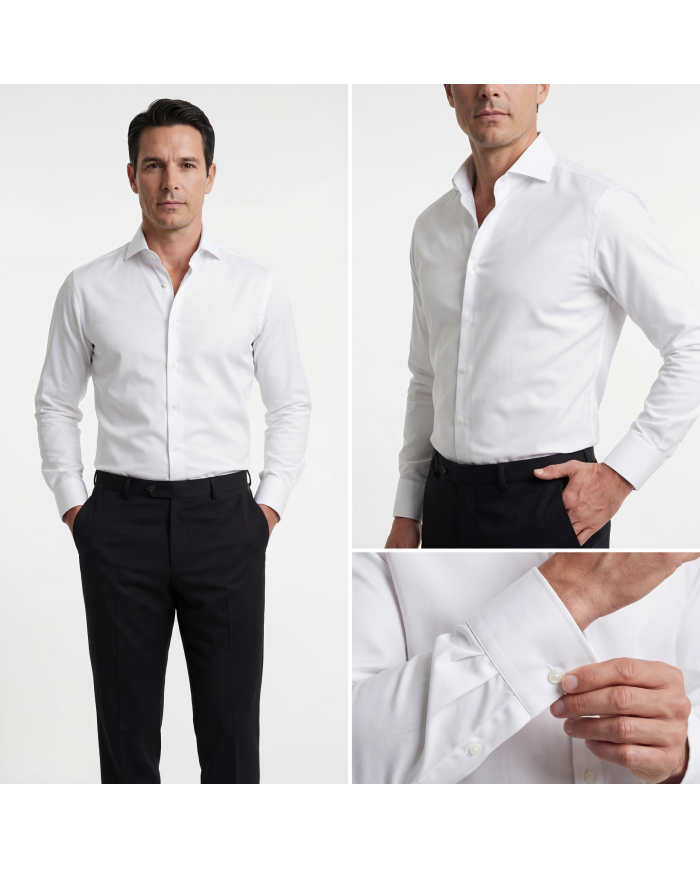 Pack 2 Chemises Col ouverte en popeline- Blanche- et blanche avec des petits carreaux