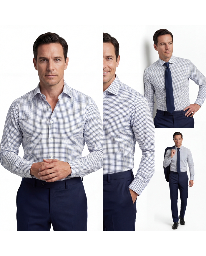 Pack 2 Chemises Col ouverte en popeline- Blanche- et blanche avec des petits carreaux