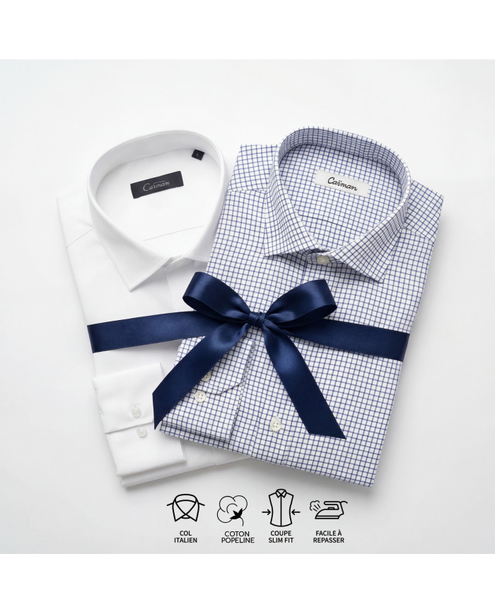 Pack 2 Chemises Col ouverte en popeline- Blanche- et blanche avec des petits carreaux