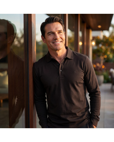 Cravate.tn | Polo manche longue en coton - Marron foncé