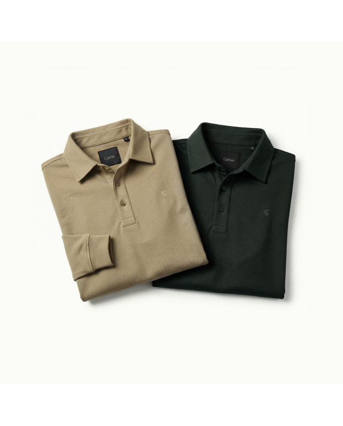 Cravate.tn | Pack 2 Polos manche longue en coton - vert et beige