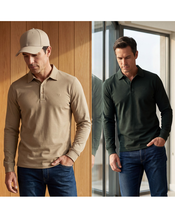 Cravate.tn | Pack 2 Polos manche longue en coton - vert et beige