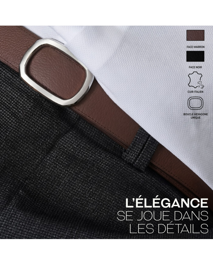Coffret ceinture cuir réversible noir grainé et marron crispé & porte clé en cuir