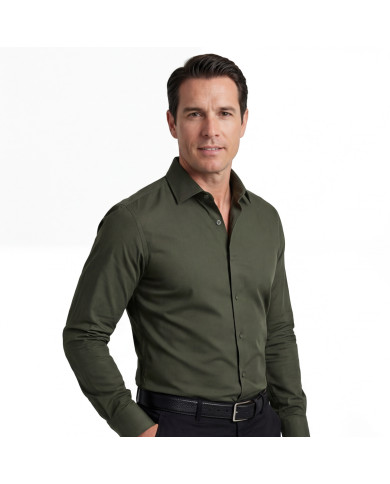 Cravate.tn | Chemise en popeline stretch Col ouvert - Vert d'olive