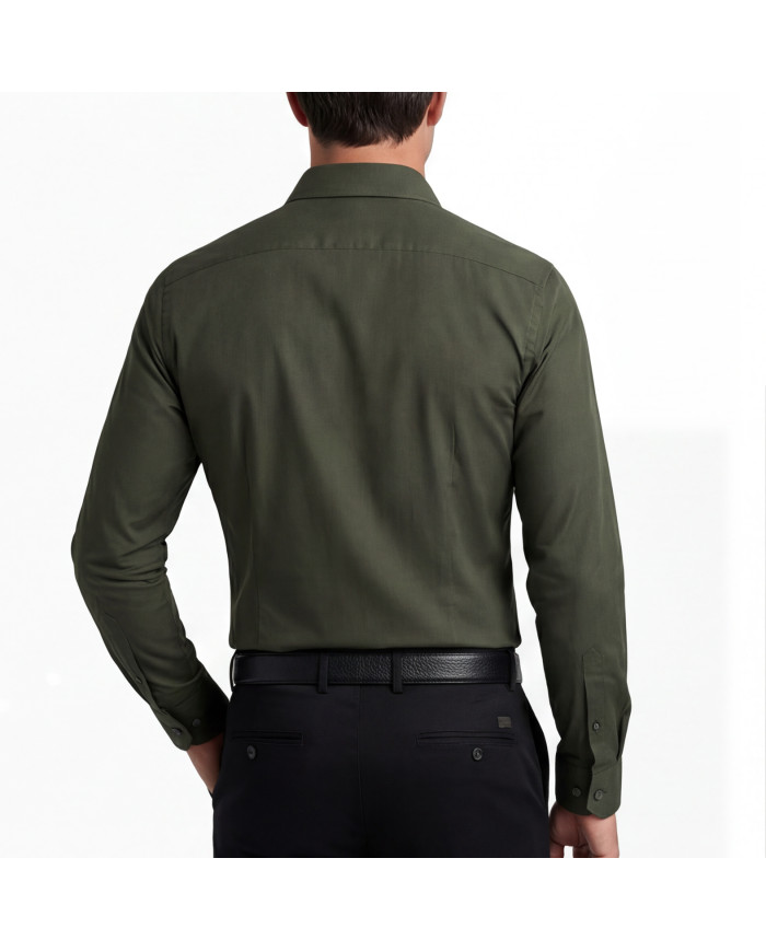 Cravate.tn | Chemise en popeline stretch Col ouvert - Vert d'olive