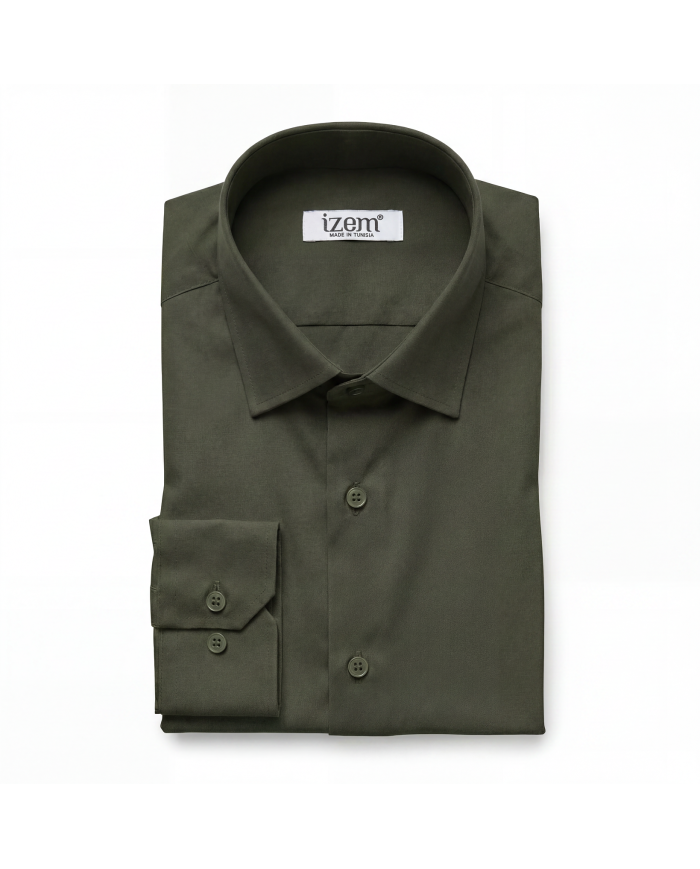 Cravate.tn | Chemise en popeline stretch Col ouvert - Vert d'olive