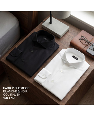Pack 2 Chemises Col italien en popeline stretch - noir et blanche