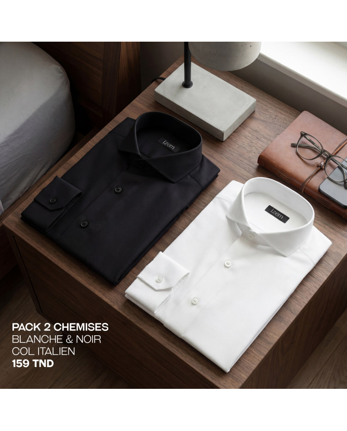 Pack 2 Chemises Col italien en popeline stretch - noir et blanche