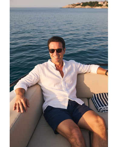 Chemise Col mao en coton aspect lin Blanche uni