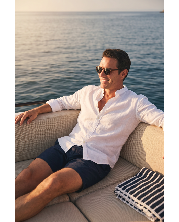 Chemise Col mao en coton aspect lin Blanche uni