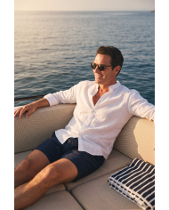 Chemise Col mao en coton aspect lin Blanche uni