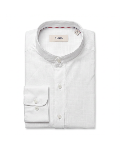Chemise Col mao en coton aspect lin Blanche uni