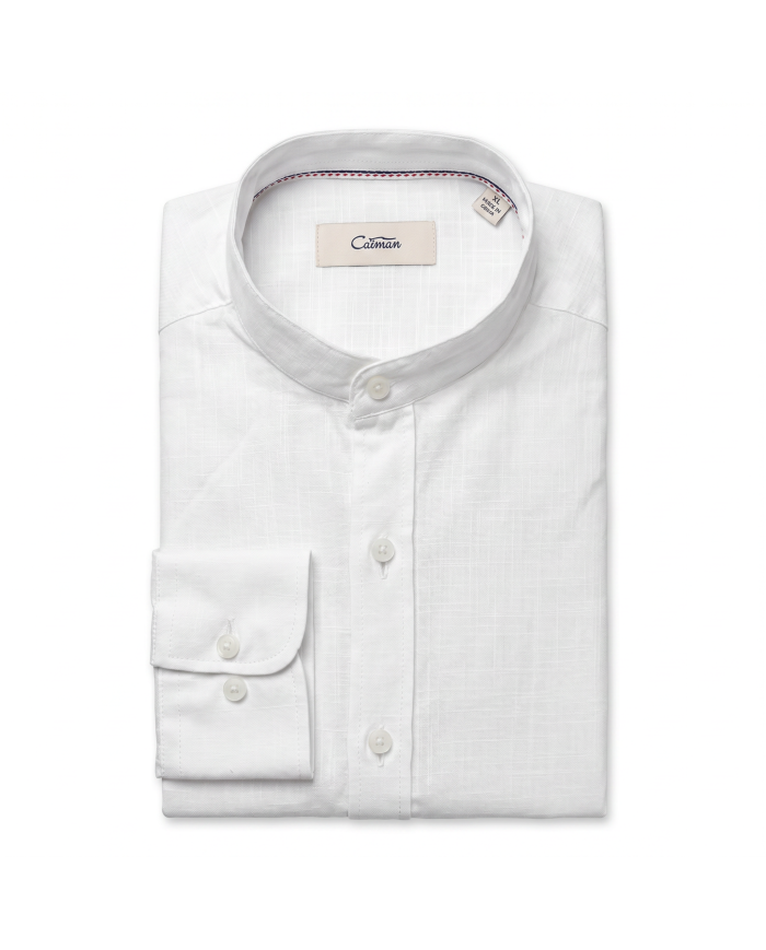 Chemise Col mao en coton aspect lin Blanche uni