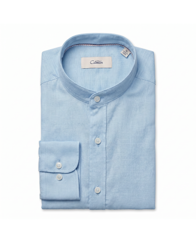 Chemise Col mao en coton aspect lin Bleu ciel uni