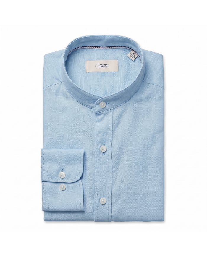 Chemise Col mao en coton aspect lin Bleu ciel uni