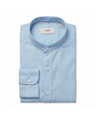 Chemise Col mao en coton aspect lin Bleu ciel uni