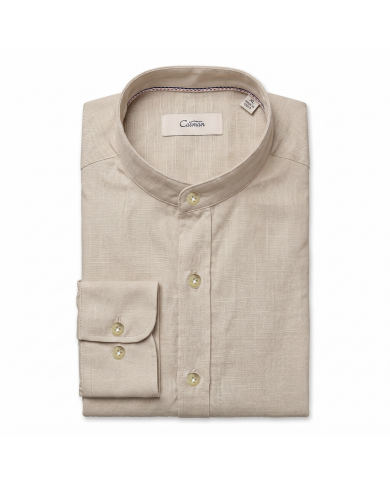 Chemise Col mao en coton aspect lin Bleu ciel uni