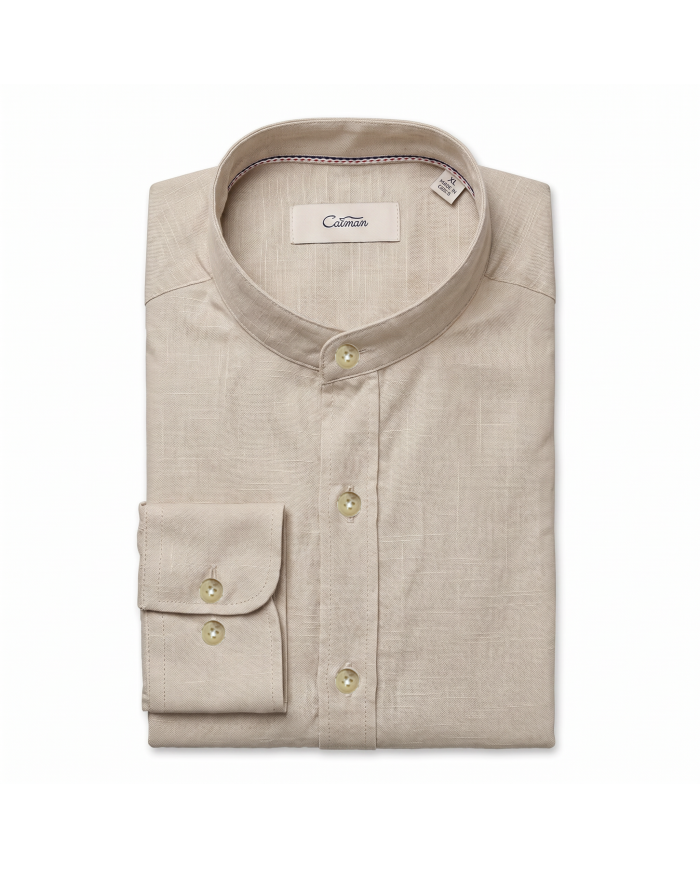 Chemise Col mao en coton aspect lin Bleu ciel uni