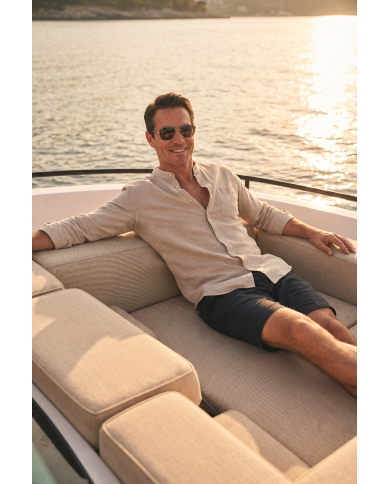 Chemise Col mao en coton aspect lin Bleu ciel uni