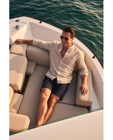 Chemise Col mao en coton aspect lin Bleu ciel uni