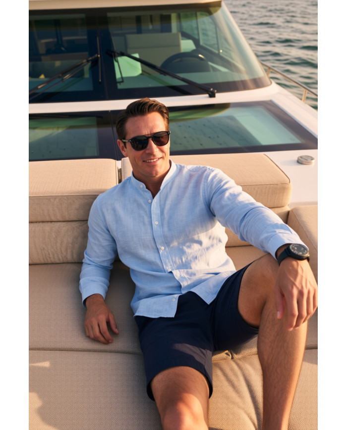 Chemise Col mao en coton aspect lin Bleu ciel uni