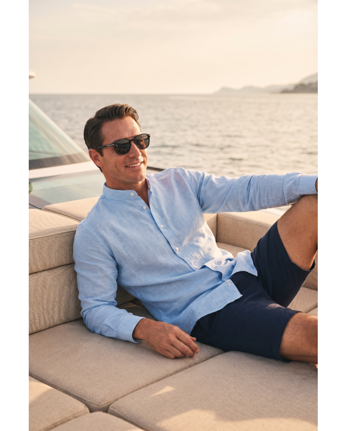 Chemise Col mao en coton aspect lin Bleu ciel uni