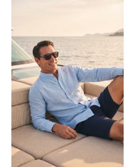 Chemise Col mao en coton aspect lin Bleu ciel uni