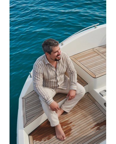 Chemise grande taille Col ouvert avec rayure large Beige 100% coton aspect lin