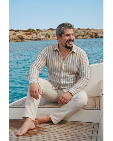 Chemise grande taille Col ouvert avec rayure large Beige 100% coton aspect lin