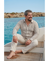 Chemise grande taille Col ouvert avec rayure large Beige 100% coton aspect lin