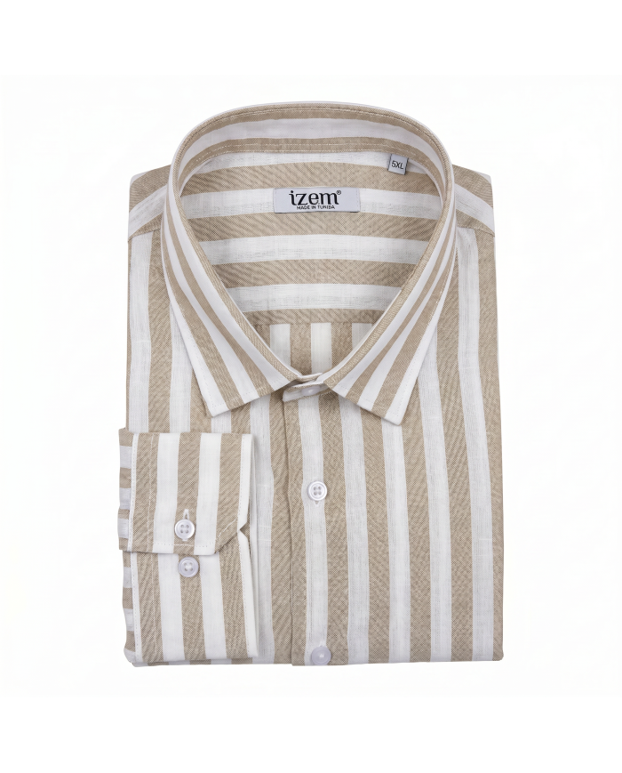 Chemise grande taille Col ouvert avec rayure large Beige 100% coton aspect lin