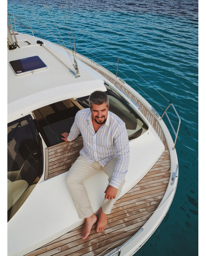 Chemise grande taille Col ouvert avec rayure beige et bleu 100% coton aspect lin