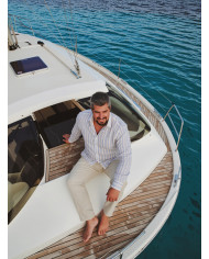 Chemise grande taille Col ouvert avec rayure beige et bleu 100% coton aspect lin