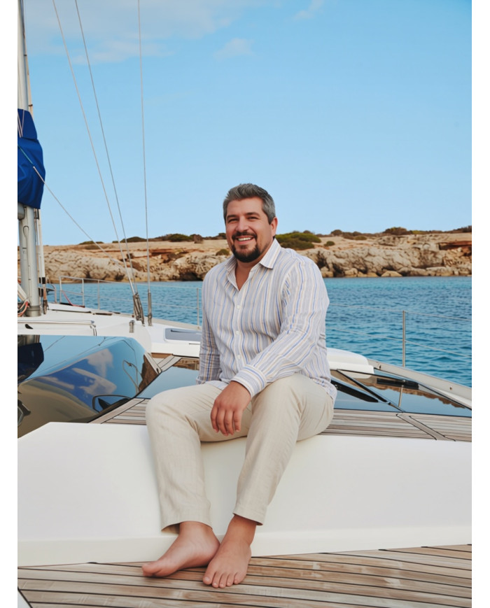 Chemise grande taille Col ouvert avec rayure beige et bleu 100% coton aspect lin