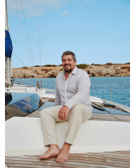 Chemise grande taille Col ouvert avec rayure beige et bleu 100% coton aspect lin