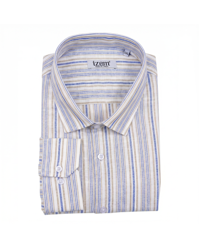 Chemise grande taille Col ouvert avec rayure beige et bleu 100% coton aspect lin