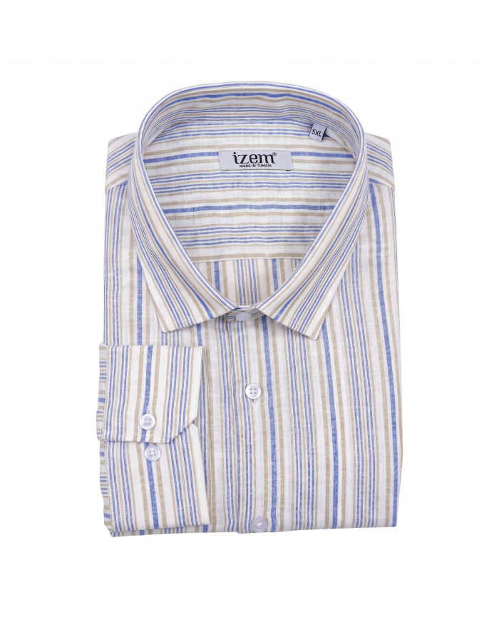 Chemise grande taille Col ouvert avec rayure beige et bleu 100% coton aspect lin