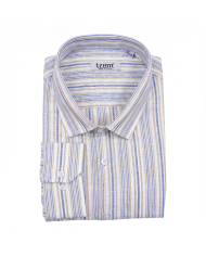 Chemise grande taille Col ouvert avec rayure beige et bleu 100% coton aspect lin