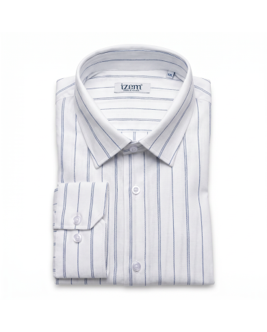 Chemise grande taille Col ouvert blanche avec rayure bleu 100% coton aspect lin