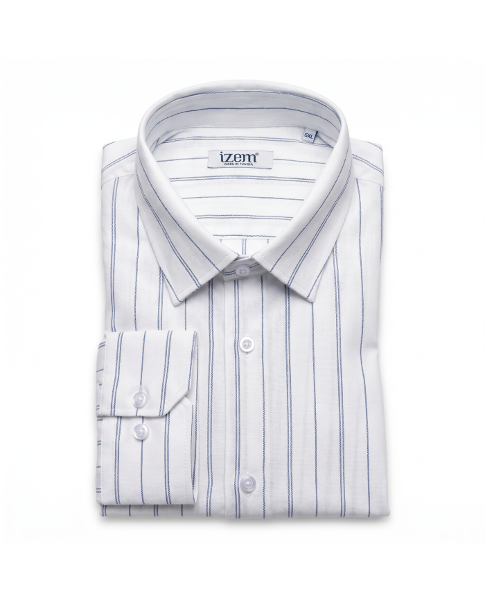 Chemise grande taille Col ouvert avec rayure beige et bleu 100% coton aspect lin